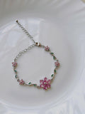 Elegant Pink Cherry Blossom Floral Bracelet - Silver Vine Leaf Adjustable Chain Wristband