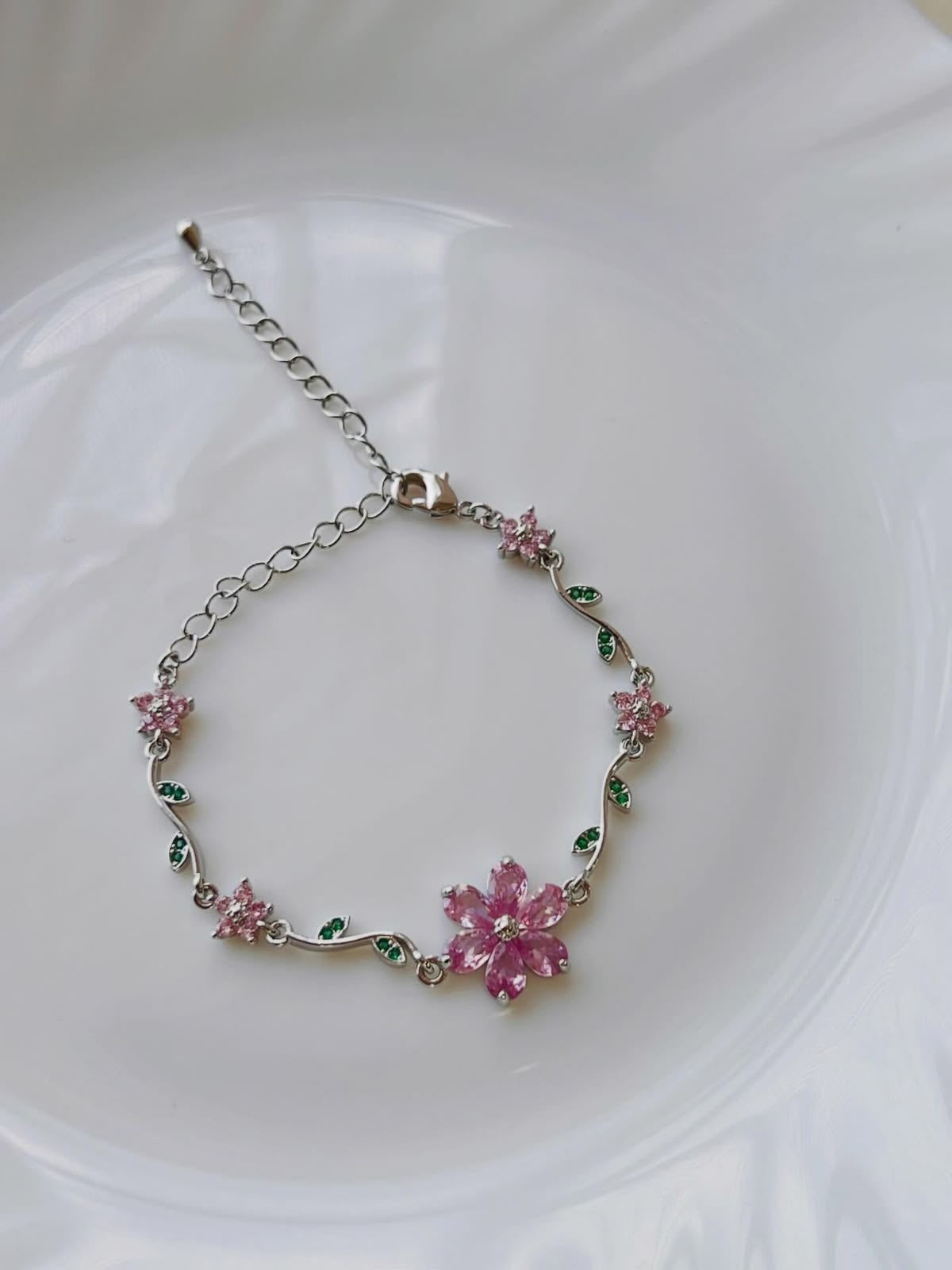 Elegant Pink Cherry Blossom Floral Bracelet - Silver Vine Leaf Adjustable Chain Wristband