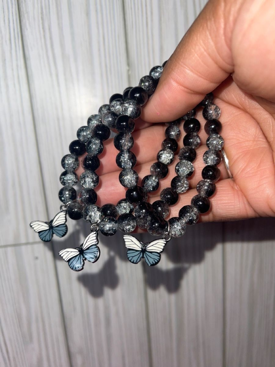 Aesthetic Midnight Black Crystal Bead Bracelet with Butterfly Charm