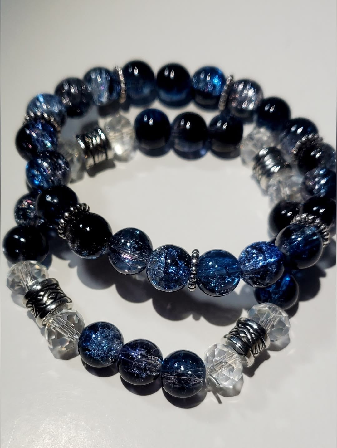 Premium Mystic Cosmic Blue and Clear Crystal Beaded Bracelet - Handcrafted Elastic Wristband